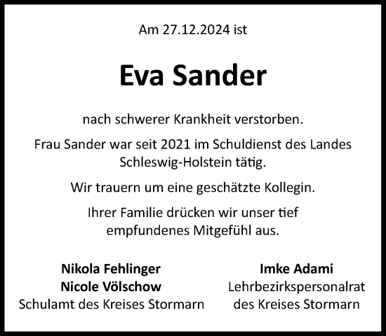 Traueranzeige von Eva Sander von MARKT Ahrensburg/Bargteheide/Trittau und Stormarner Tageblatt