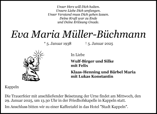 Traueranzeige von Eva Maria Müller-Büchmann von Schleswiger Nachrichten, Schlei-Bote