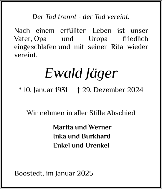 Traueranzeige von Ewald Jäger von Holsteinischer Courier