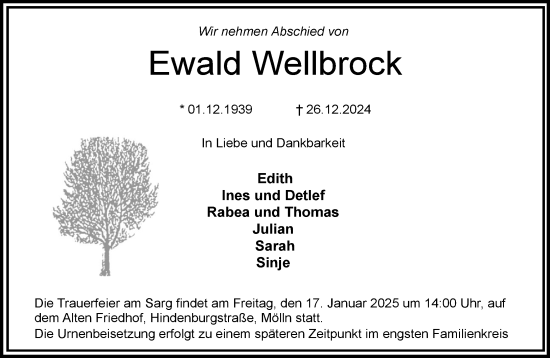 Traueranzeige von Ewald Wellbrock von MARKT Ratzeburg/Mölln