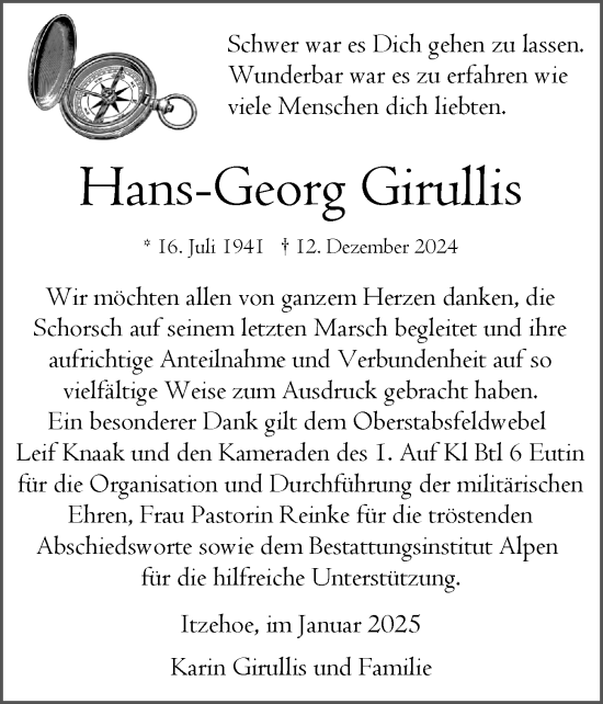 Traueranzeige von Hans-Georg Girullis von Norddeutsche Rundschau, Wilstersche Zeitung, Glückstädter Fortuna