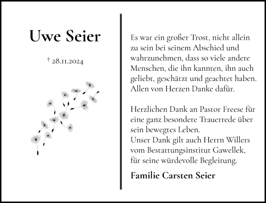 Traueranzeige von Uwe Seier von Husumer Nachrichten, Nordfriesland Tageblatt