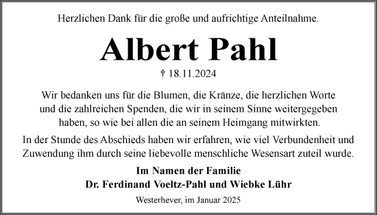 Traueranzeige von Albert Pahl von Husumer Nachrichten, Nordfriesland Tageblatt