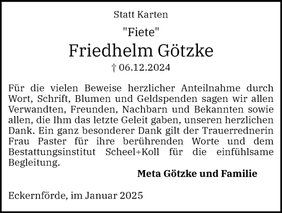 Traueranzeige von Friedhelm Götzke von Eckernförder Zeitung, Hallo Eckernförde