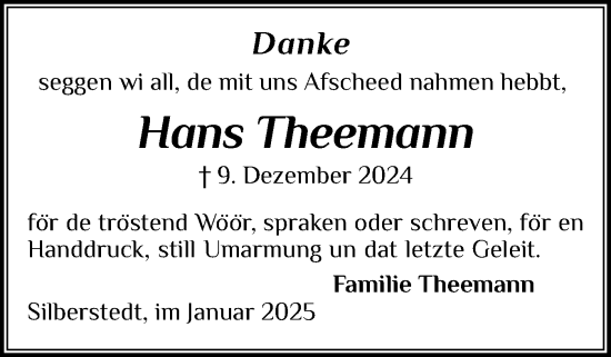 Traueranzeige von Hans Theemann von Region Flensburg