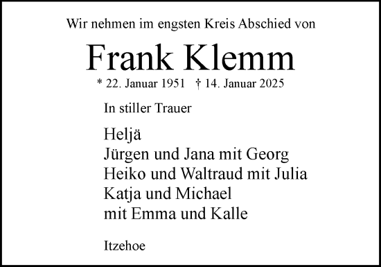 Traueranzeige von Frank Klemm von Norddeutsche Rundschau, Wilstersche Zeitung, Glückstädter Fortuna