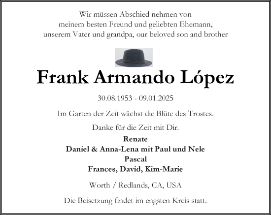 Traueranzeige von Frank Armando Lopez von Wochenend Anzeiger
