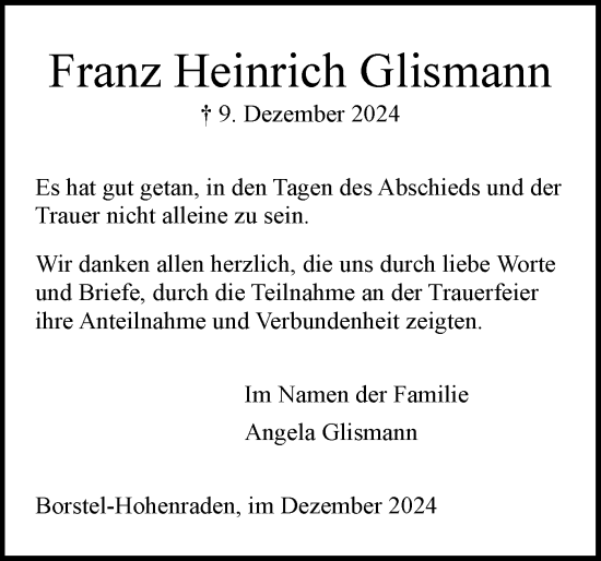 Traueranzeige von Franz Heinrich Glismann von Region Pinneberg und tip Pinneberg