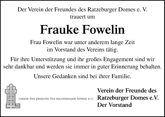 Traueranzeige von Frauke Fowelin von MARKT Ratzeburg/Mölln