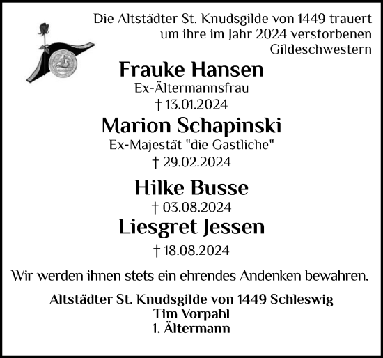 Traueranzeige von Frauke Hansen von Schleswiger Nachrichten, Schlei-Bote
