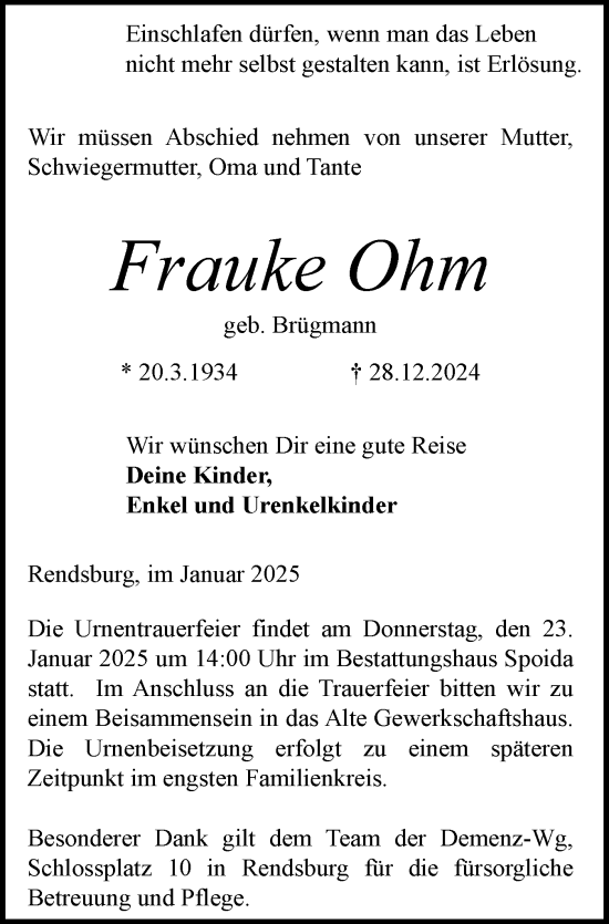 Traueranzeige von Frauke Ohm von Schleswig-Holsteinische Landeszeitung