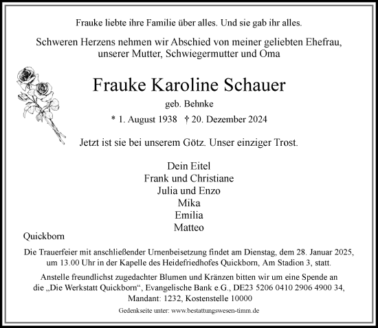 Traueranzeige von Frauke Karoline Schauer von Umschau