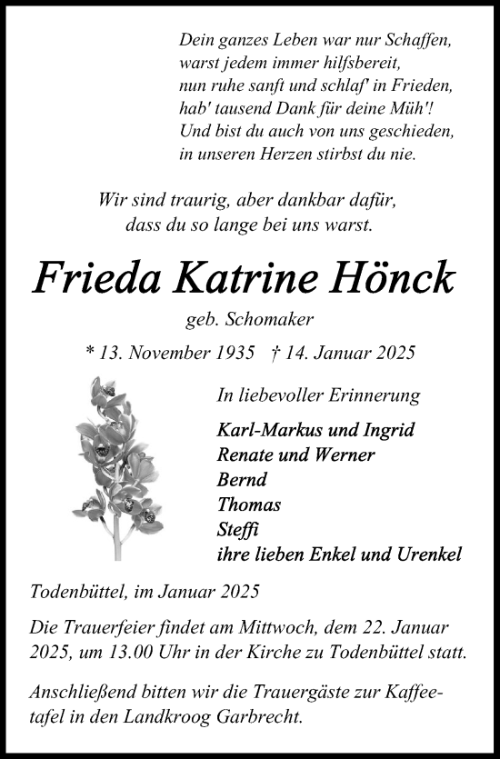 Traueranzeige von Frieda Katrine Hönck von Schleswig-Holsteinische Landeszeitung