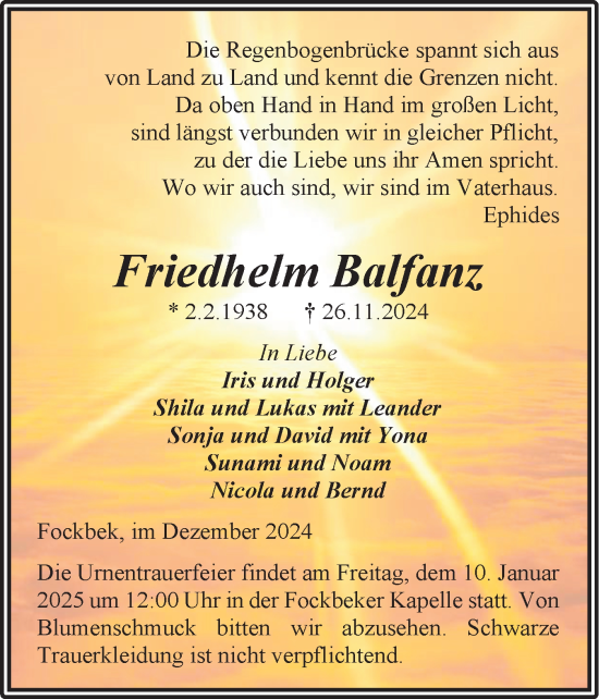 Traueranzeige von Friedhelm Balfanz von Schleswig-Holsteinische Landeszeitung