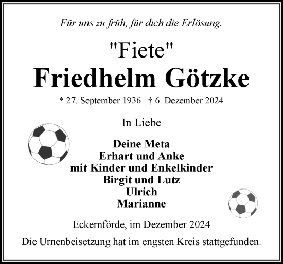 Traueranzeige von Friedhelm Götzke von Eckernförder Zeitung, Hallo Eckernförde