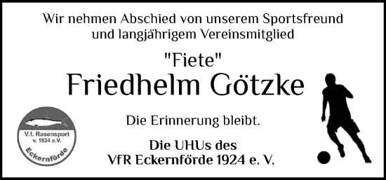 Traueranzeige von Friedhelm Götzke von Eckernförder Zeitung, Hallo Eckernförde