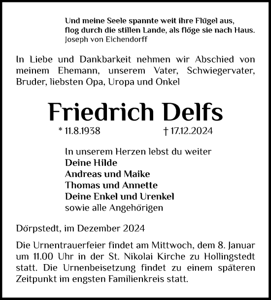 Traueranzeige von Friedrich Delfs von Schleswiger Nachrichten, Schlei-Bote