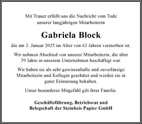 Traueranzeige von Gabriela Block von Norddeutsche Rundschau, Wilstersche Zeitung, Glückstädter Fortuna