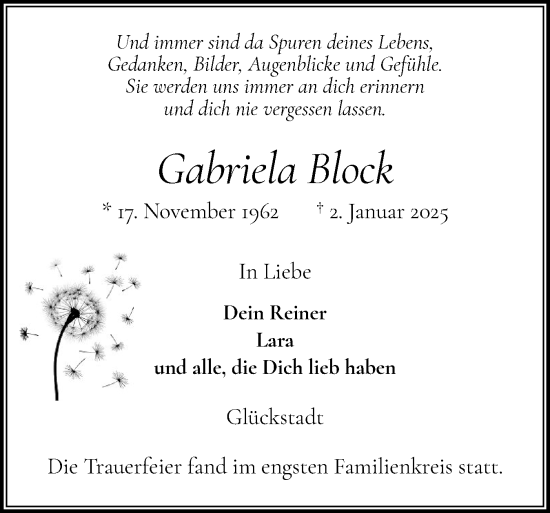 Traueranzeige von Gabriela Block von Norddeutsche Rundschau, Wilstersche Zeitung, Glückstädter Fortuna