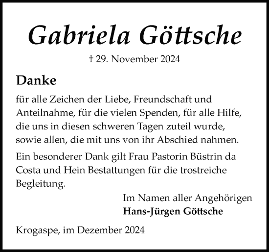 Traueranzeige von Gabriela Göttsche von Schleswig-Holsteinische Landeszeitung