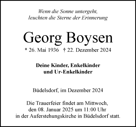 Traueranzeige von Georg Boysen von Schleswig-Holsteinische Landeszeitung