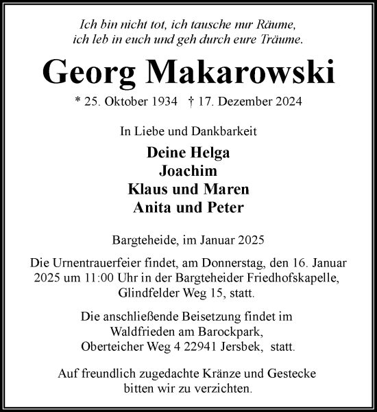 Traueranzeige von Georg Makarowski von MARKT Ahrensburg/Bargteheide/Trittau und Stormarner Tageblatt