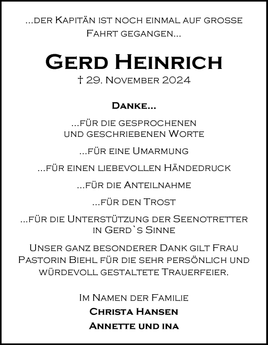 Traueranzeige von Gerd Heinrich von Flensburger Tageblatt