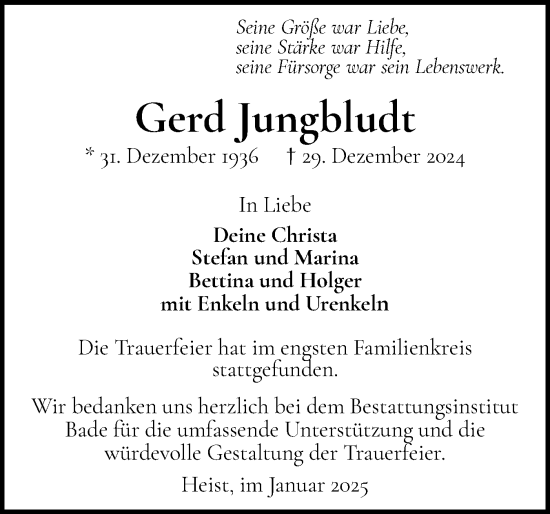 Traueranzeige von Gerd Jungbludt von Wedel-Schulauer Tageblatt, tip Wedel-Schulauer Tageblatt, tip Rissener Rundschau