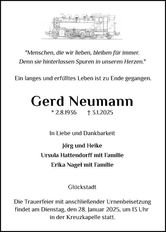 Traueranzeige von Gerd Neumann von Norddeutsche Rundschau, Wilstersche Zeitung, Glückstädter Fortuna