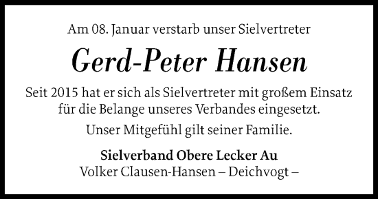 Traueranzeige von Gerd-Peter Hansen von Husumer Nachrichten, Nordfriesland Tageblatt
