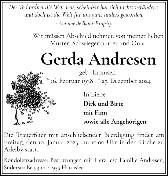 Traueranzeige von Gerda Andresen von Flensburger Tageblatt