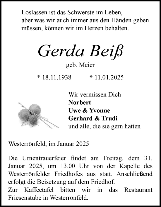 Traueranzeige von Gerda Beiß von Schleswig-Holsteinische Landeszeitung