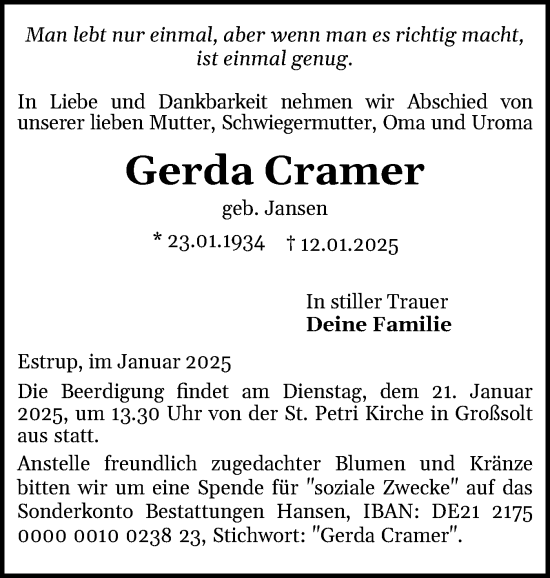 Traueranzeige von Gerda Cramer von Flensburger Tageblatt