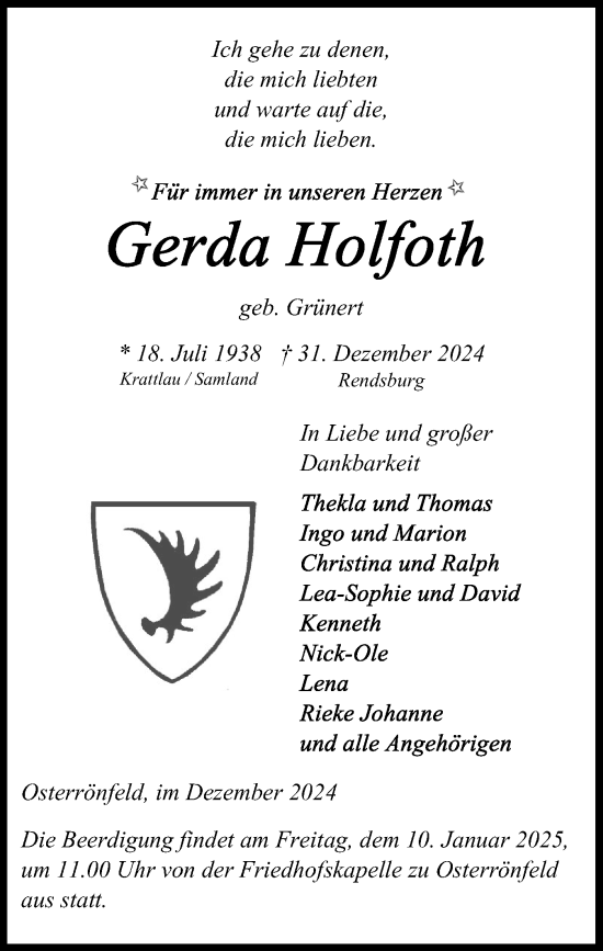 Traueranzeige von Gerda Holfoth von Schleswig-Holsteinische Landeszeitung