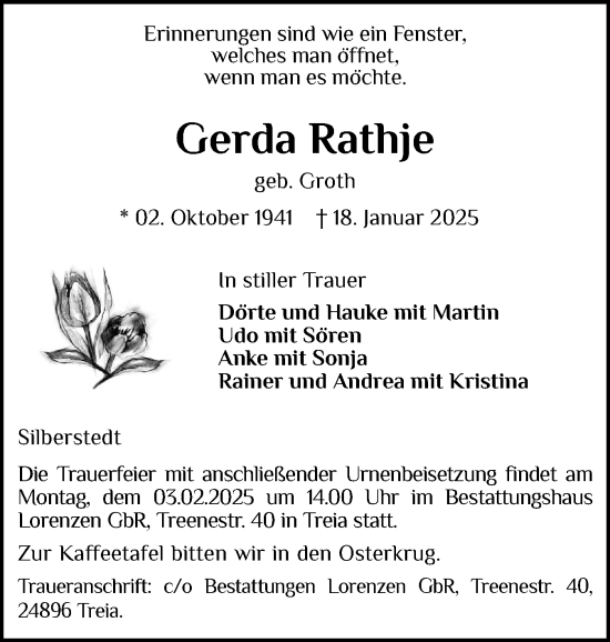 Traueranzeige von Gerda Rathje von Schleswiger Nachrichten, Schlei-Bote