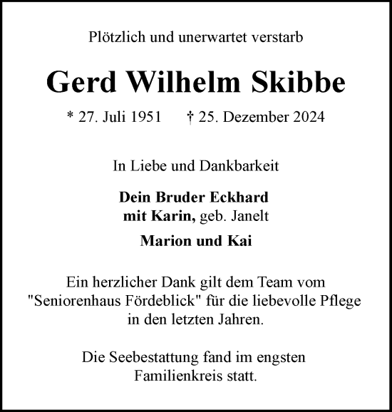 Traueranzeige von Gerd Wilhelm Skibbe von Husumer Nachrichten, Nordfriesland Tageblatt