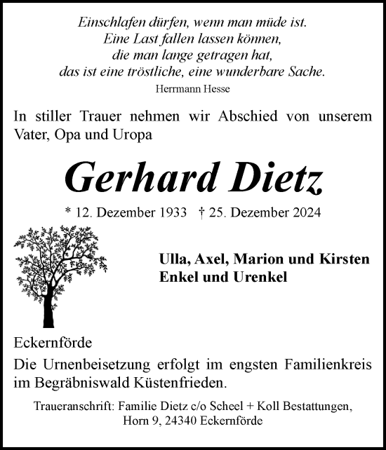 Traueranzeige von Gerhard Dietz von Eckernförder Zeitung, Hallo Eckernförde