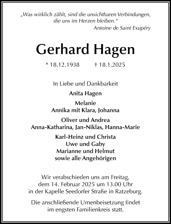 Traueranzeige von Gerhard Hagen von MARKT Ratzeburg/Mölln