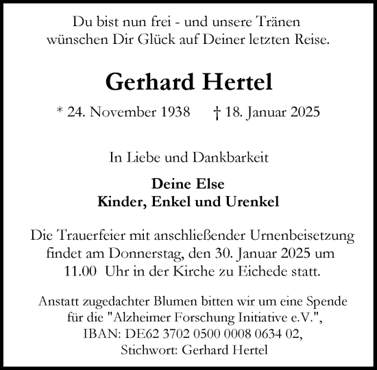 Traueranzeige von Gerhard Hertel von MARKT Bad Oldesloe/Reinfeld, MARKT Ahrensburg/Bargteheide/Trittau und Stormarner Tageblatt
