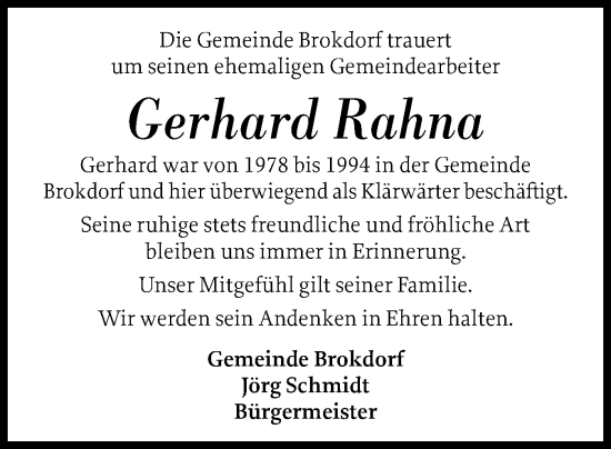 Traueranzeige von Gerhard Rahna von Norddeutsche Rundschau, Wilstersche Zeitung, Glückstädter Fortuna
