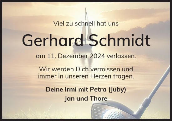 Traueranzeige von Gerhard Schmidt von Eckernförder Zeitung, Hallo Eckernförde