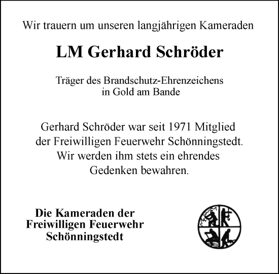 Traueranzeige von Gerhard Schröder von MARKT Glinde/Reinfeld