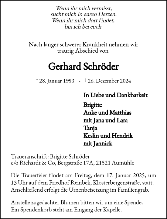 Traueranzeige von Gerhard Schröder von MARKT Glinde/Reinfeld
