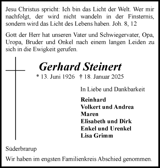 Traueranzeige von Gerhard Steinert von Schleswiger Nachrichten, Schlei-Bote