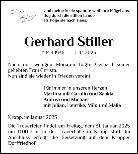 Traueranzeige von Gerhard Stiller von Schleswiger Nachrichten, Schlei-Bote