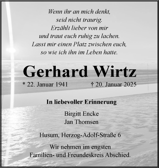 Traueranzeige von Gerhard Wirtz von Husumer Nachrichten, Nordfriesland Tageblatt