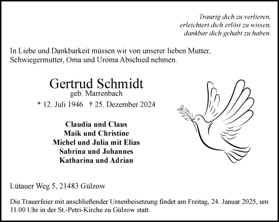 Traueranzeige von Gertrud Schmidt von Wochenend Anzeiger