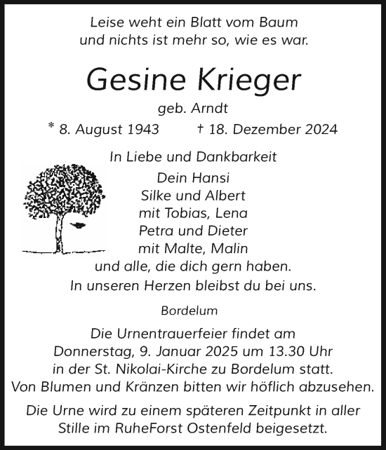Traueranzeige von Gesine Krieger von Husumer Nachrichten, Nordfriesland Tageblatt