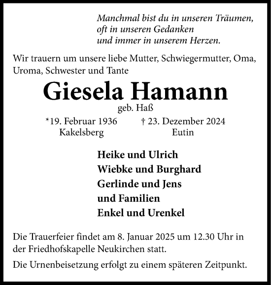Traueranzeige von Giesela Hamann von Ostholsteiner Anzeiger