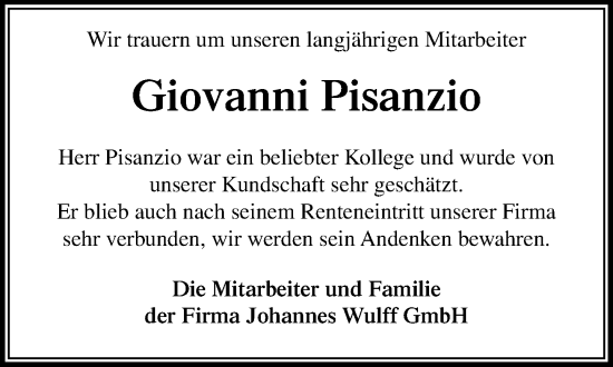 Traueranzeige von Giovanni Pisanzio von Wochenend Anzeiger